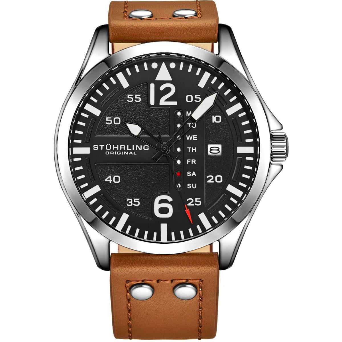 Stuhrling Men`s Steel Riveted Tan Leather Strap Japan Quartz Aviation Watch