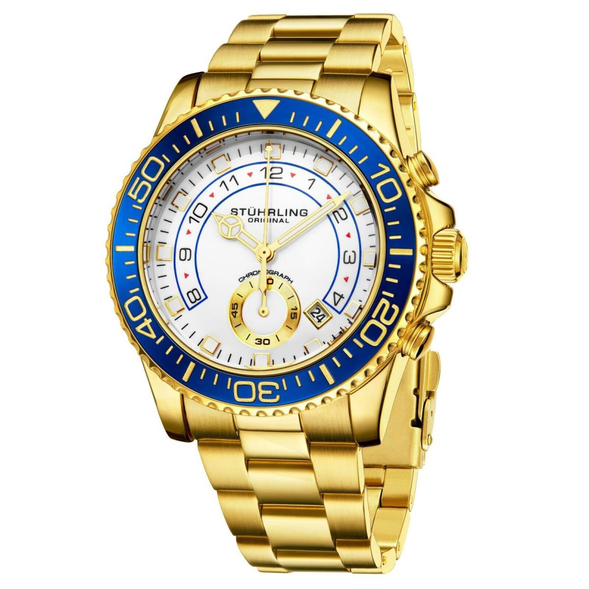 Stuhrling Men`s Chronograph Diver 10 Atm White Dial Gold Bracelet Sport Watch