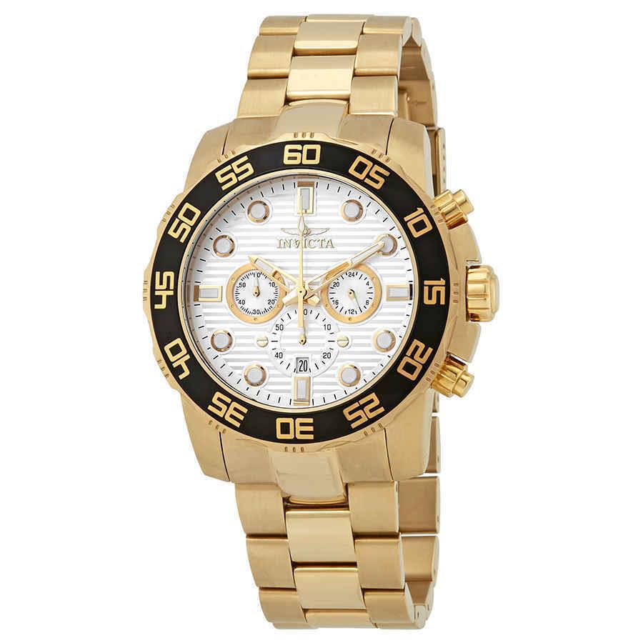 Invicta Pro Diver Chronograph Silver Dial Men`s Watch 22229 - Dial: Silver, Band: Yellow Gold-plated, Bezel: Yellow Gold-plated