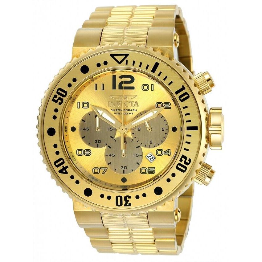 Invicta Pro Diver Men`s Quartz 52mm Gold Case Gold Dial Chronograph 25076 Watch