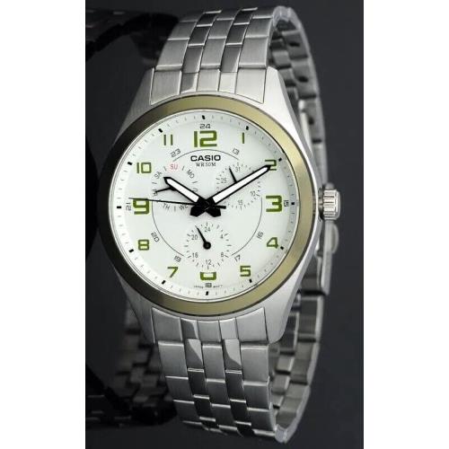 Casio Mens MTP1352D-8B2 Mens Stainless Steel Multi-dial Dress Watch White Green - Dial: Green, White, Band: Silver