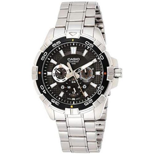 Casio Enticer Multifunction Stainless Steel Chain Men`s Watch MTD-1069D-1AVDF - Dial: Black, Band: Silver