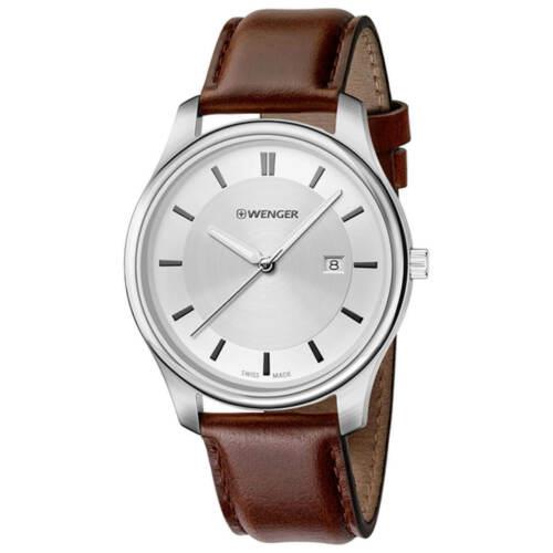 Wenger Men`s Watch City Classic Silver Tone Dial Brown Leather Strap 01.1441.122