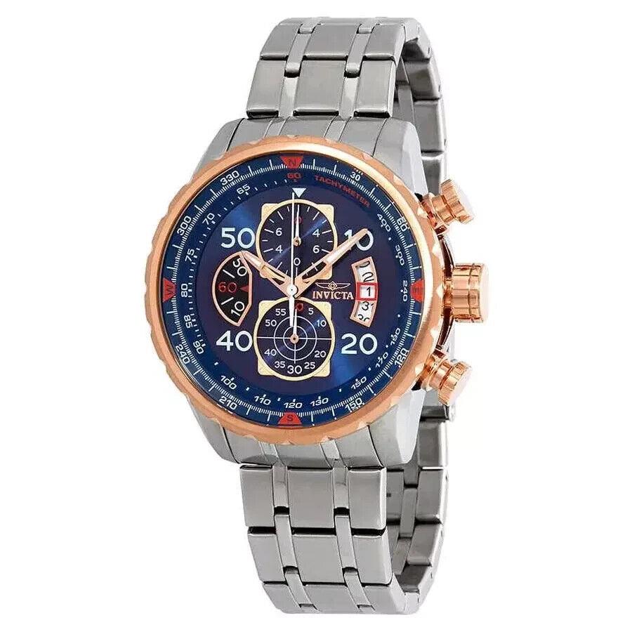 17203 Invicta Men Aviator Chronograph Rose Gold Blue Dial Silver Bracelet Watch - Dial: Blue, Band: Silver, Bezel: Silver