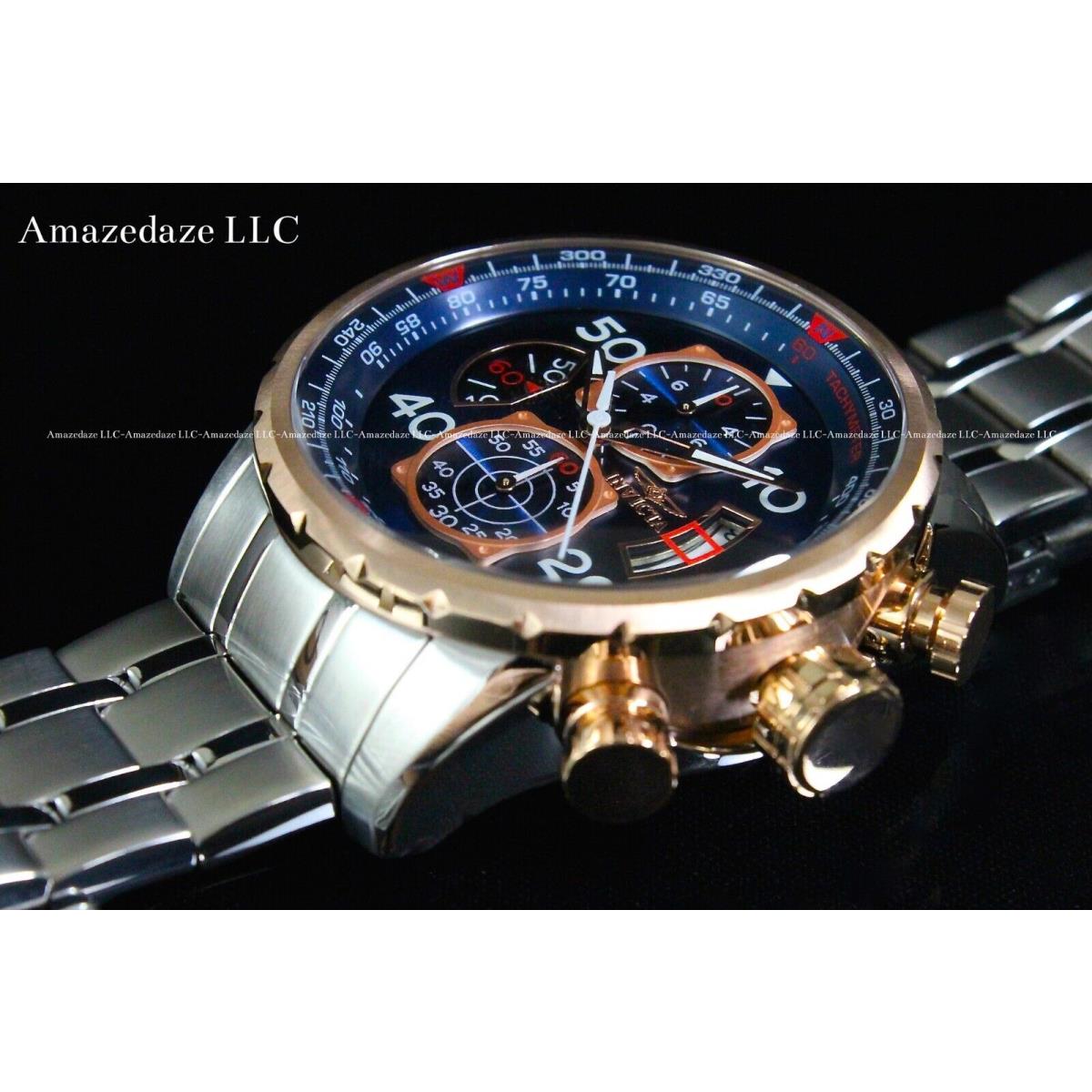Invicta Men Blue Dial Stainless Steel Aviator Tachymeter Chronograph Watch - Dial: Blue, Band: Silver, Bezel: Rose Gold