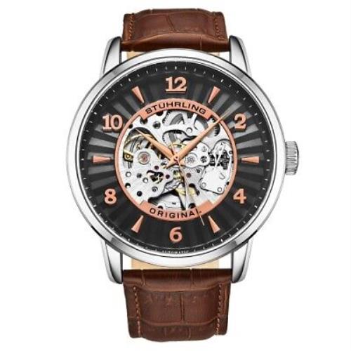 Stuhrling 3973 2 Legacy Automatic Skeleton Brown Leather Strap Mens Watch - Black Dial, Brown Band