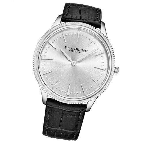 Stuhrling 3984 1 Symphony Classic Black Leather Strap Mens Watch - Dial: Silver, Band: Black