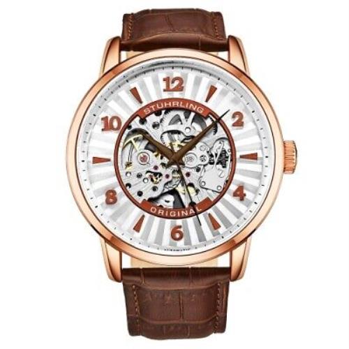 Stuhrling 3973 5 Legacy Automatic Skeleton Brown Leather Strap Mens Watch - Silver Dial, Brown Band