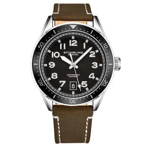 Stuhrling 3989 2 Monaco Quartz Date Brown Leather Strap Mens Watch