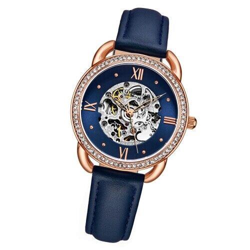 Stuhrling 3991 2 Automatic Skeleton Crystal Accented Blue Leather Womens Watch