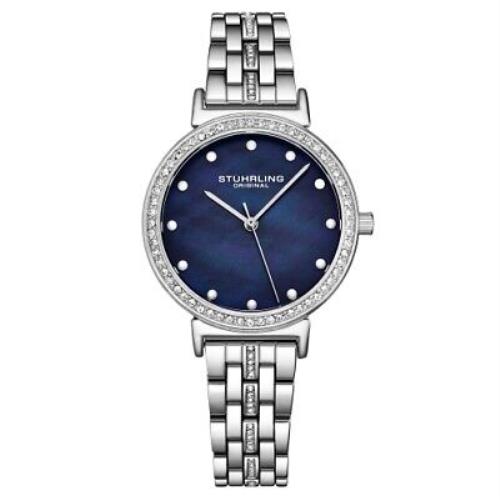 Stuhrling 3988 2 Symphony Crystal Accented Mother of Pearl Womens Watch - Blue Dial, Silver Band