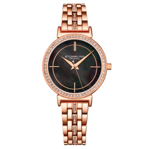Stuhrling 3987 4 Symphony Quartz Crystal Accented Stainless Steel Womens Watch - Black Dial, Rose Gold Band