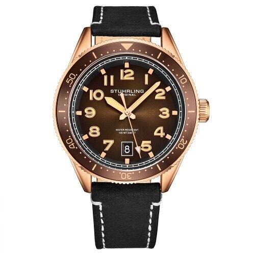 Stuhrling 3989 4 Monaco Quartz Date Black Leather Strap Mens Watch