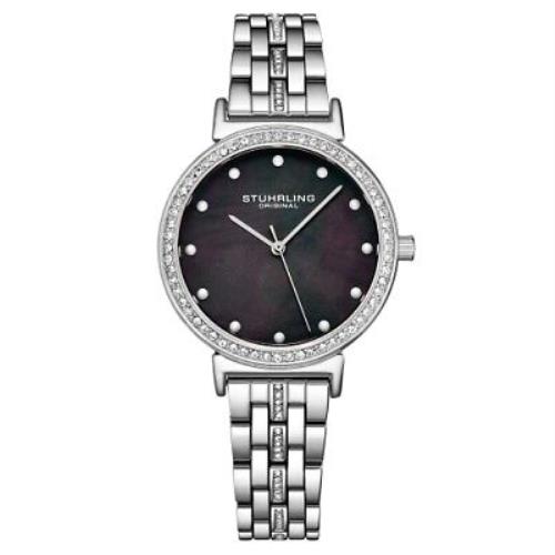 Stuhrling 3988 1 Symphony Crystal Accented Mother of Pearl Womens Watch - Black Dial, Silver Band