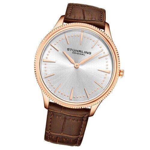 Stuhrling 3984 5 Symphony Classic Brown Leather Strap Mens Watch - Dial: Silver, Band: Brown
