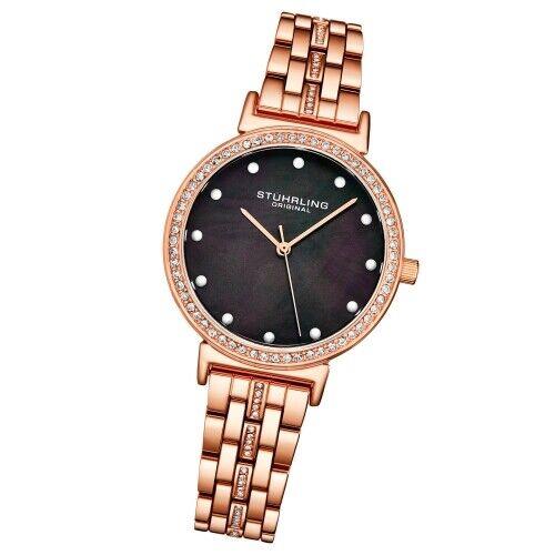 Stuhrling 3988 4 Symphony Crystal Accented Mother of Pearl Womens Watch - Dial: Black, Band: Rose Gold