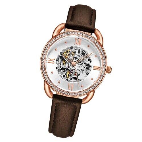 Stuhrling 3991 5 Automatic Skeleton Crystal Accented Brown Leather Womens Watch