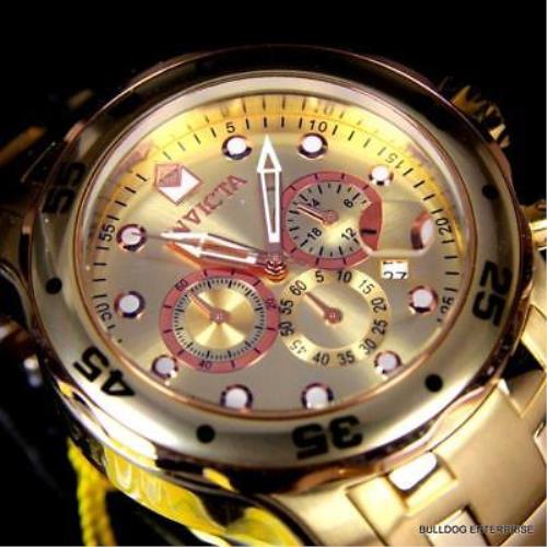 Men`s Invicta Pro Diver Scuba 18kt Gold Plated Rose Tone Subdials 48mm Watch - Dial: Yellow Gold, Band: Yellow Gold