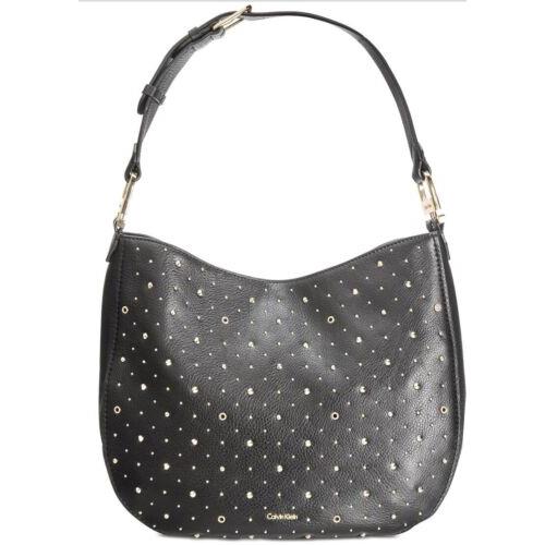 Calvin Klein Erica Embellished Large Hobo Moto Stud Grommet Leather Bag Tote