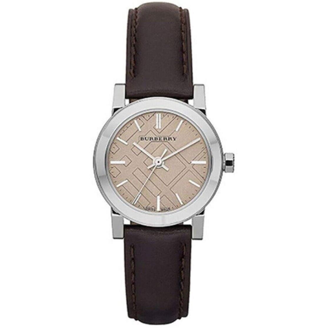 Burberry The City BU9208 Black Leather Strap 26 mm Women`s Watch - Silver / Check Face, Bronze Dial, Brown Band