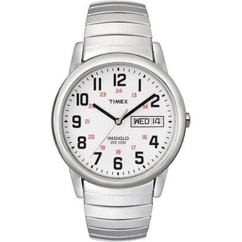 Timex T20461 Easy Reader Men`s Silvertone Expansion Watch Indiglo Day/date - Dial: White, Band: Silver, Bezel: Silver