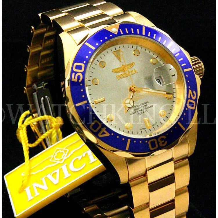 Invicta Men 40mm Pro Diver Gold Dial 18K Gold Plated S.s Bracelet Watch - Dial: Gold, Band: Gold, Bezel: Blue