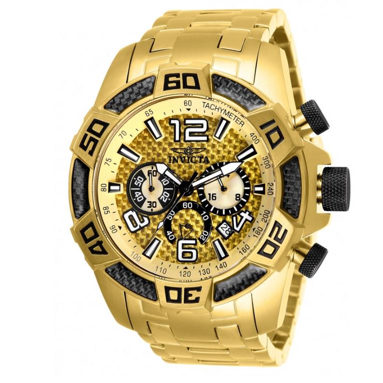 Invicta Pro Diver Scuba Men`s 50mm Yellow Carbon Fiber Chronograph Watch 25854 - Dial: Gold, Yellow, Band: Gold, Yellow, Bezel: Black, Gold, Yellow