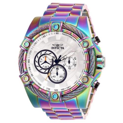 Invicta Bolt Men`s 52mm Iridescent Rainbow White Dial Chronograph Watch 25520 - Dial: Silver, Band: Blue, Bezel: Blue