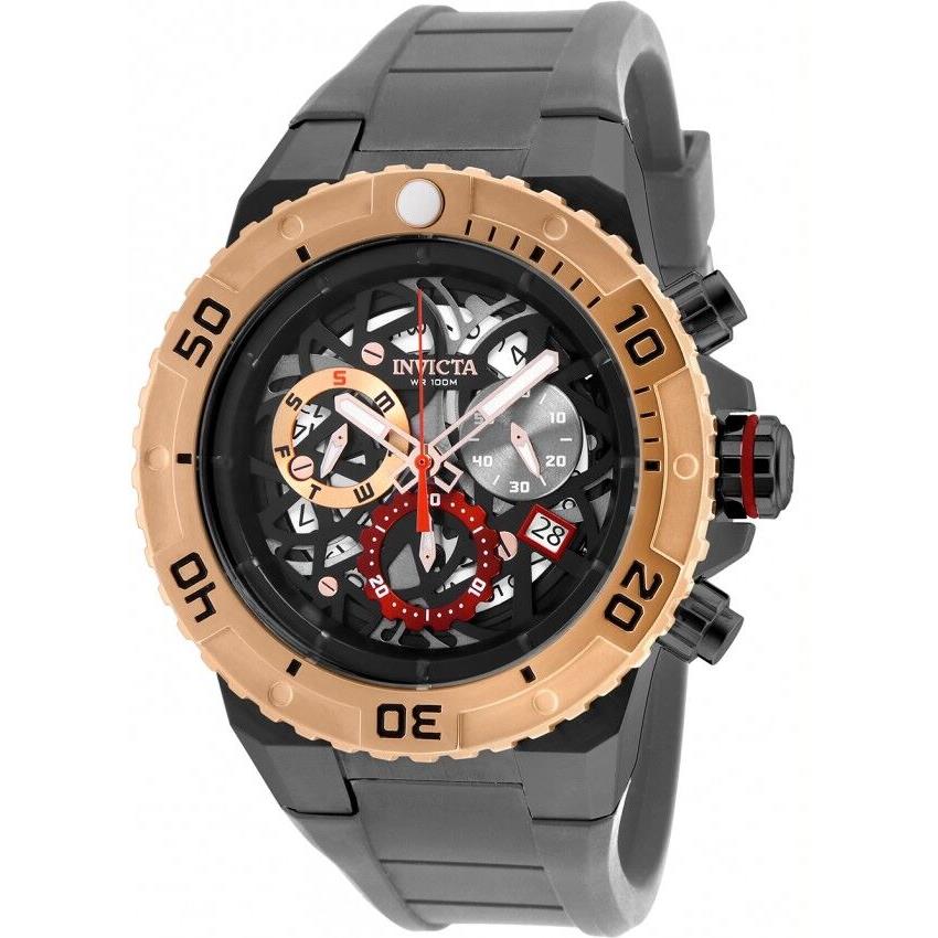 Mens Invicta 26073 Pro Diver Chronograph Skeletonized Dial Grey Strap Watch