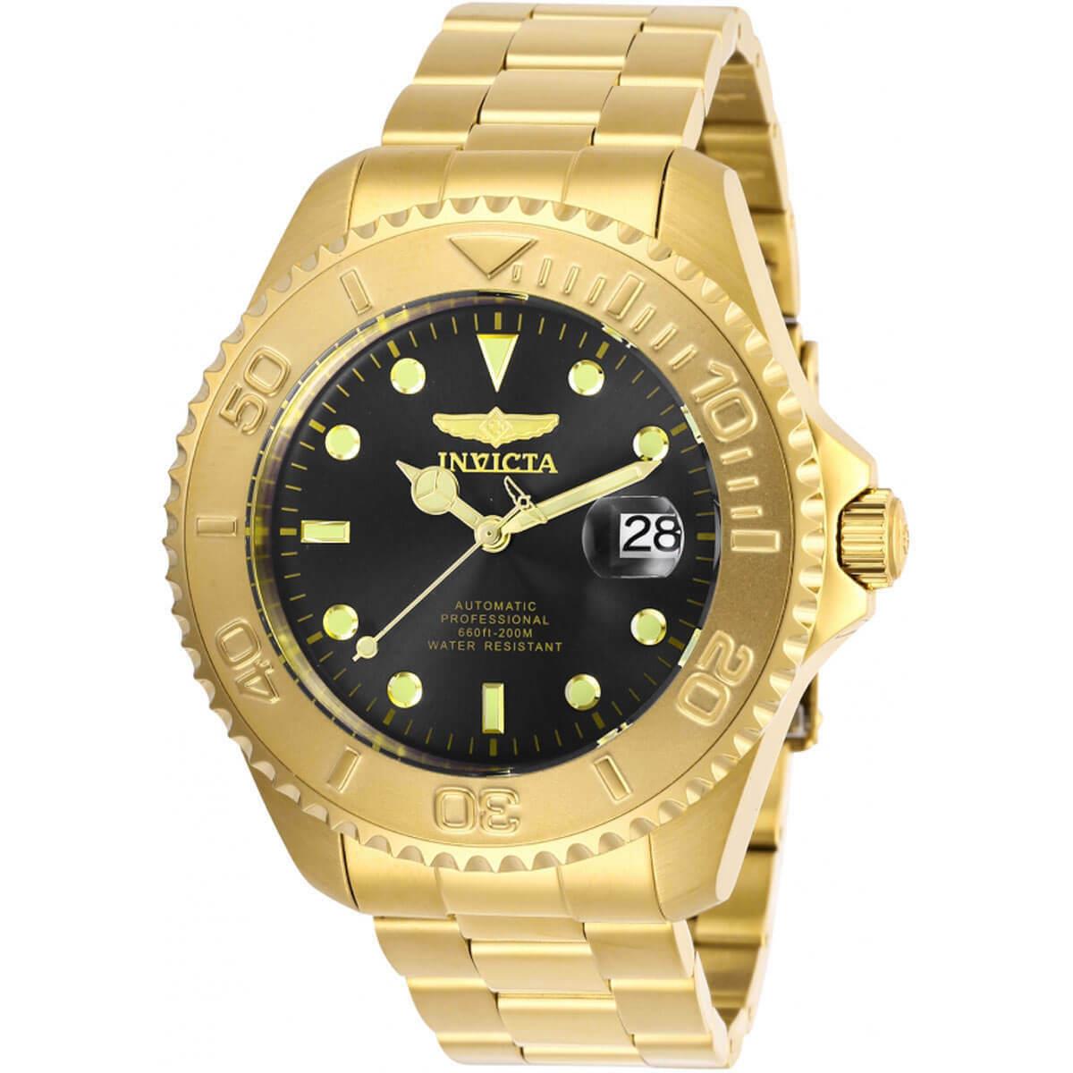 Invicta Men`s Watch Pro Diver Automatic Black Dial Yellow Gold Bracelet 28952