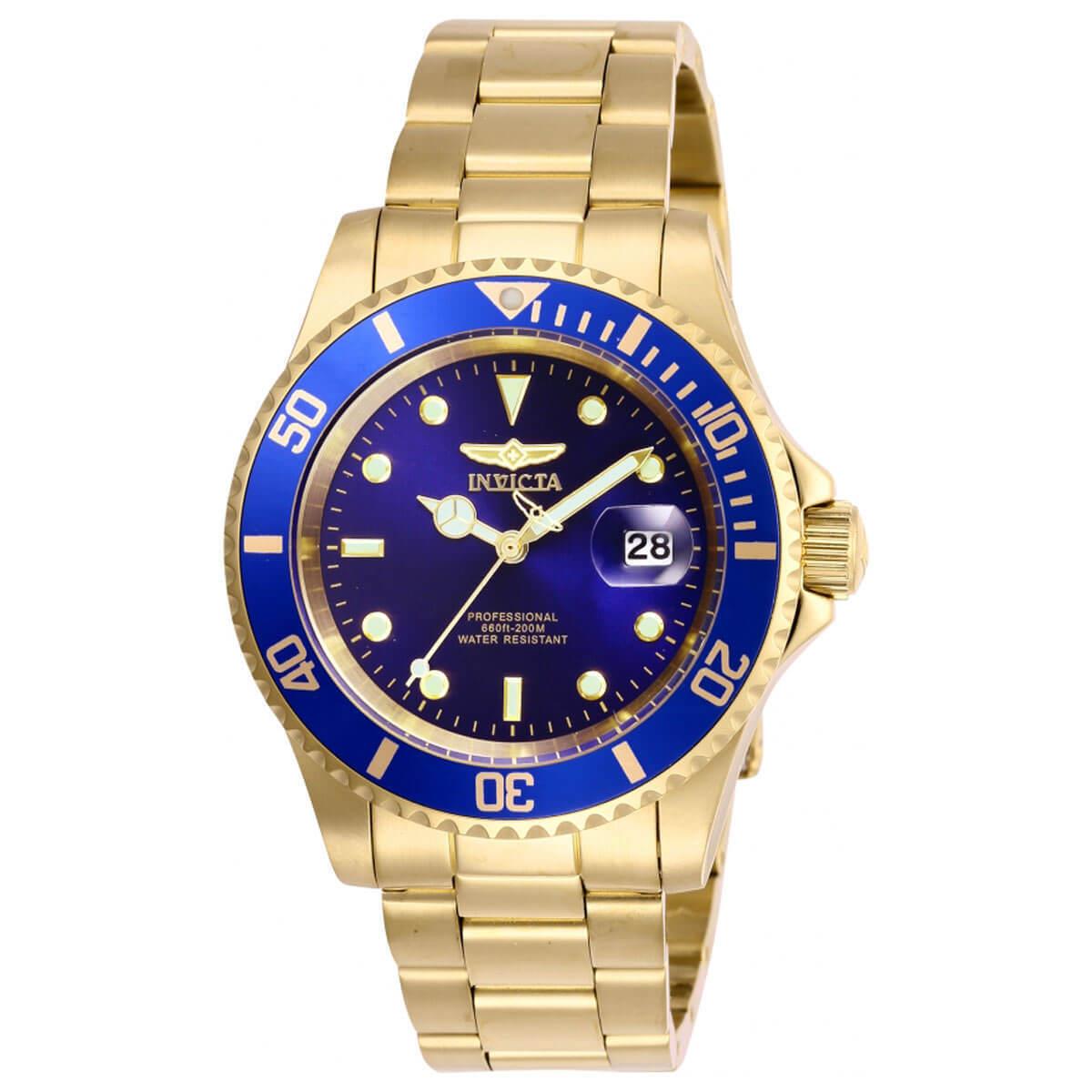 Invicta Men`s Watch Pro Diver Quartz Blue Dial Yellow Gold Steel Bracelet 26974