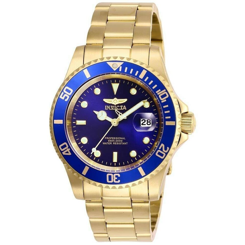 Invicta Men`s Watch Pro Diver Quartz Blue Dial Yellow Gold Steel Bracelet 26974