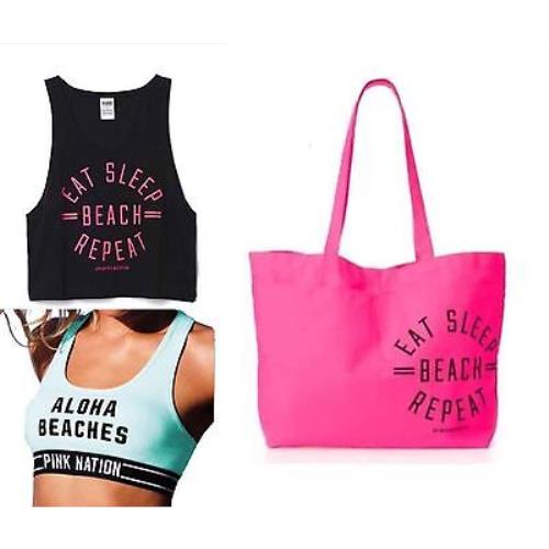 Sz M 3Pz Victoria`s Secret Tote Bag Bra Tank Top Pink Black Eat Sleep Beach