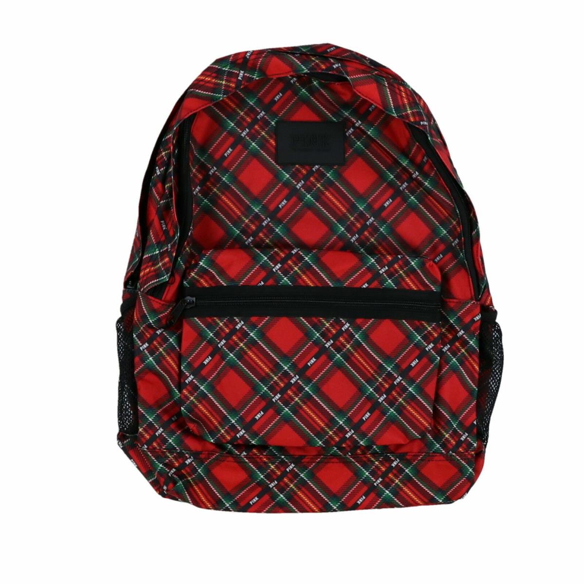 Victoria`s Secret Pink Backpack Campus Bookbag School Bag Pockets Zip Vs Red Plaid