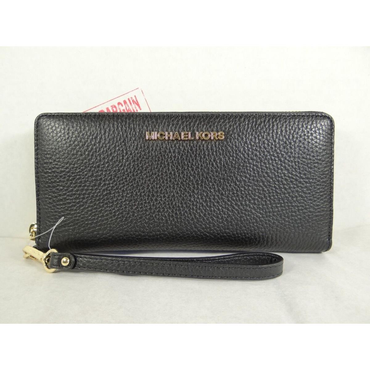 Michael Kors Jet Set Travel Pebbled Leather Continental Long Wallet Wristlet Black/gold