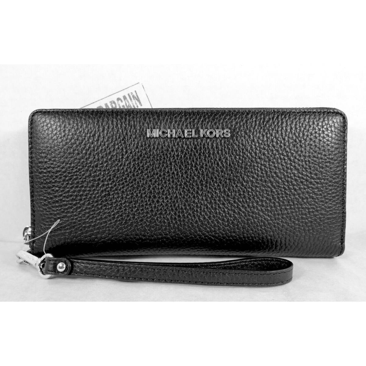 Michael Kors Jet Set Travel Pebbled Leather Continental Long Wallet Wristlet Black/SV