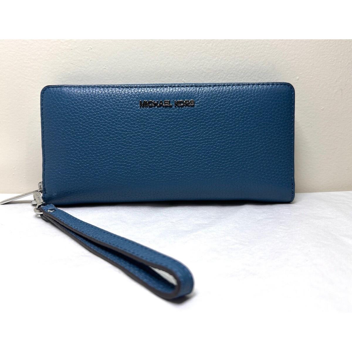 Michael Kors Jet Set Travel Pebbled Leather Continental Long Wallet Wristlet Teal Blue/sv