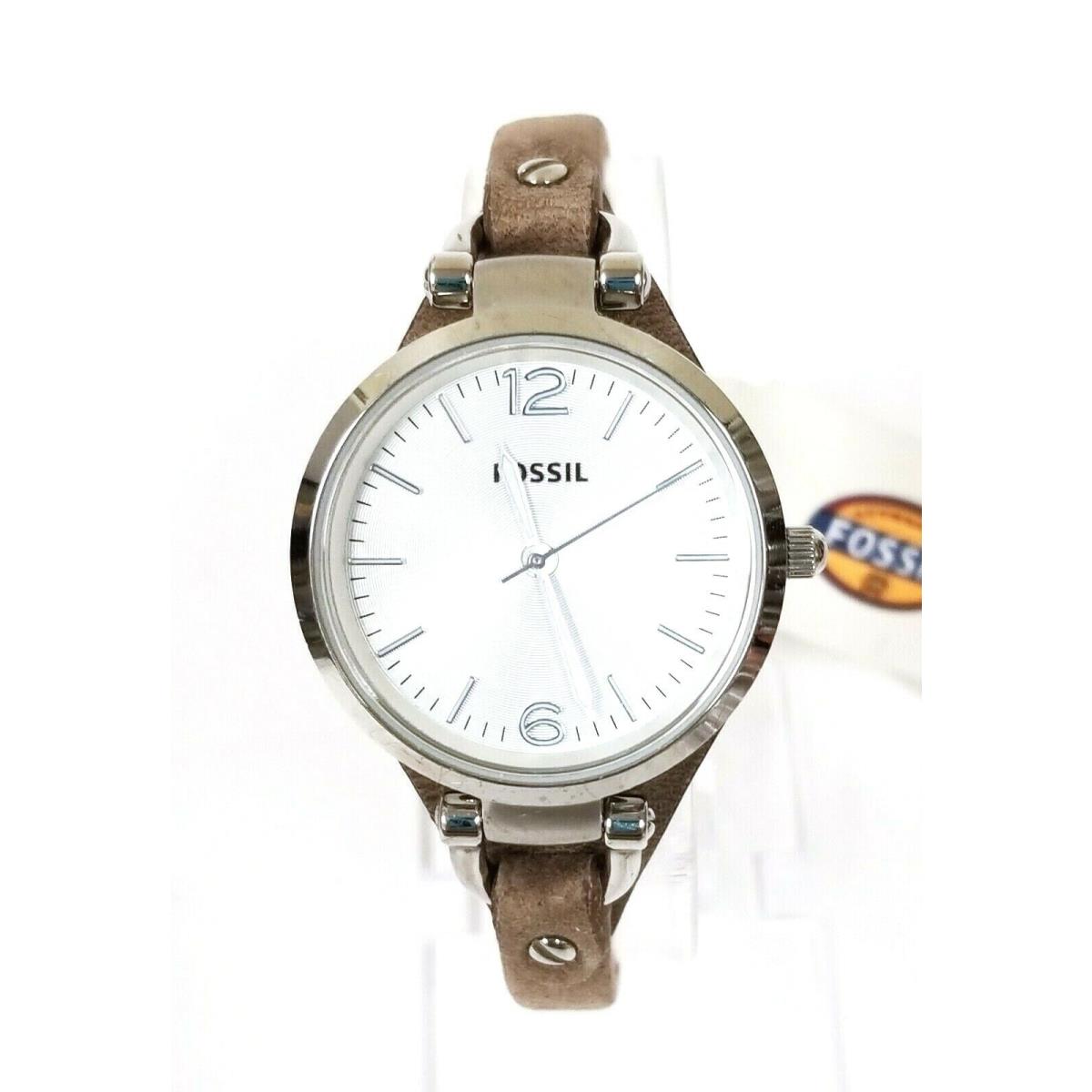 Fossil Georgia Gold Rose Gold Silver Tone Thin Leather Cuff Band Watch ES3060 LIGHT BROWN BAND,SILVER CASE