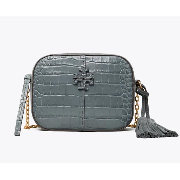 Tory Burch Mcgraw Camera Leather Crossbody Bag Black Gray Blue Tiramisu Brie Bluestone - Croc Embossed