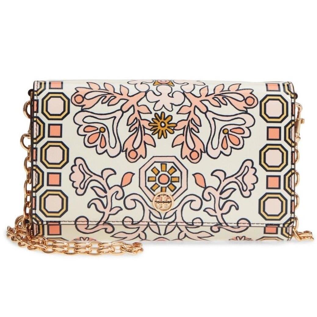 Tory Burch Hicks Garden Party Leather Bag Wallet Chain Crossbody Pink