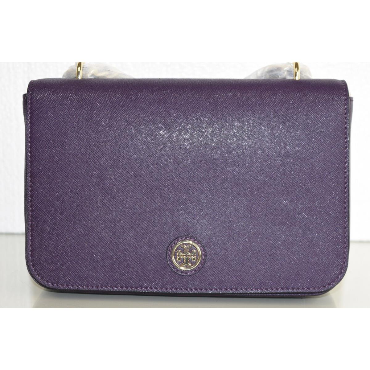 Tory Burch Robinson Adjustable Shoulder Bag Purple Iris Leather Silver