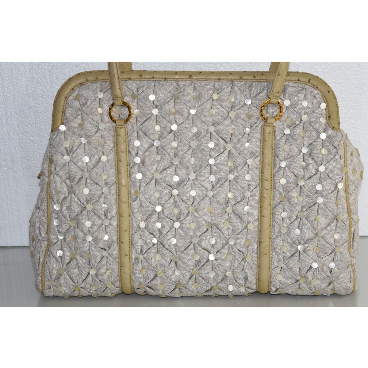 Bvlgari Cecilia Taupe Beige Bag Linen Mother of Pearl Ostrich Rare