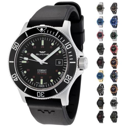 Glycine Men`s Combat Sub Swiss Made Automatic 42mm Watch - Choice of Col - Black, Blue, Silver, Yellow Gold Band
