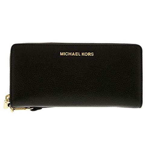 Michael Kors Jet Set Travel Continental Long Wallet Wristlet Brown Vanilla Black