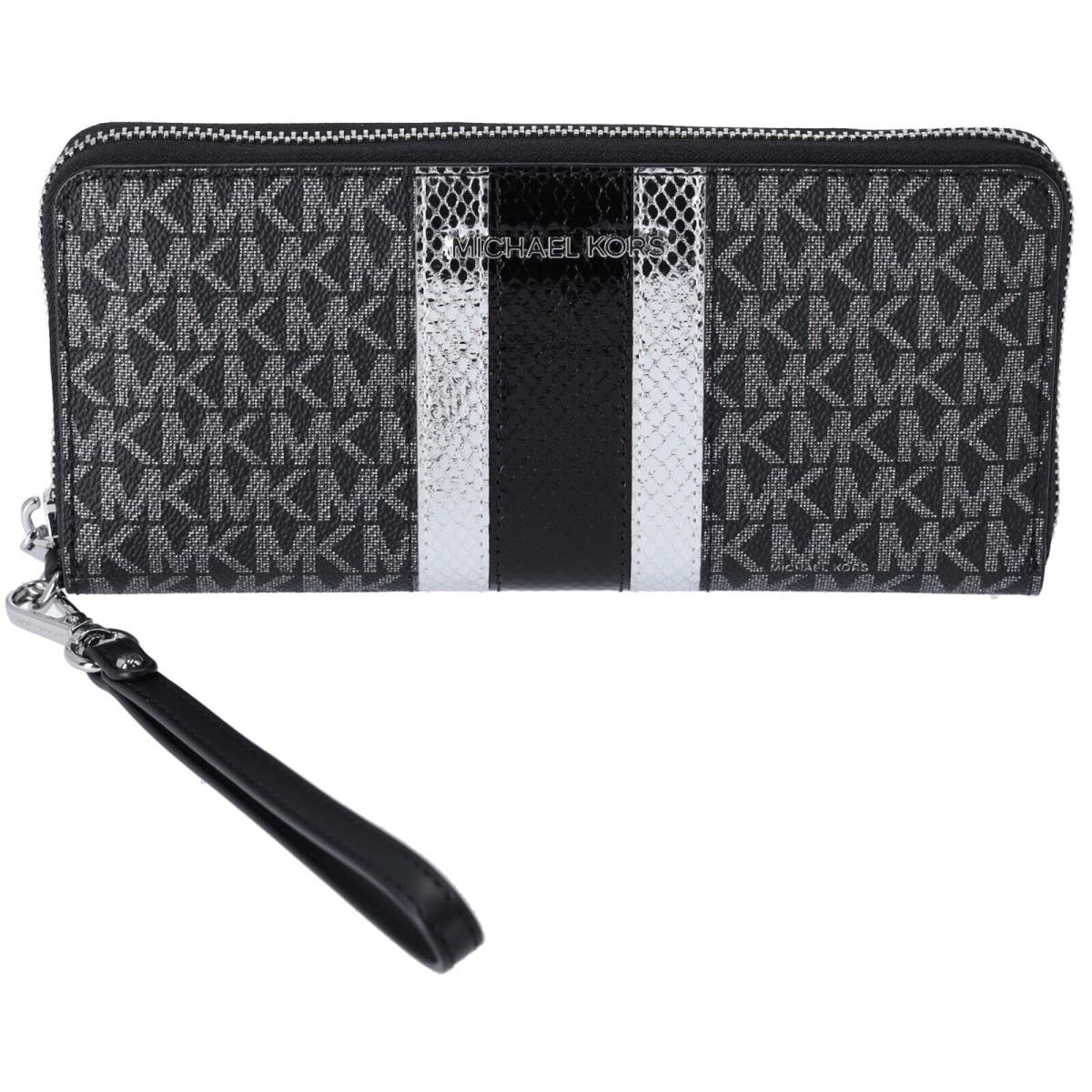 Michael Kors Jet Set Travel Continental Long Wallet Wristlet Brown Vanilla Black Black MK Metallic