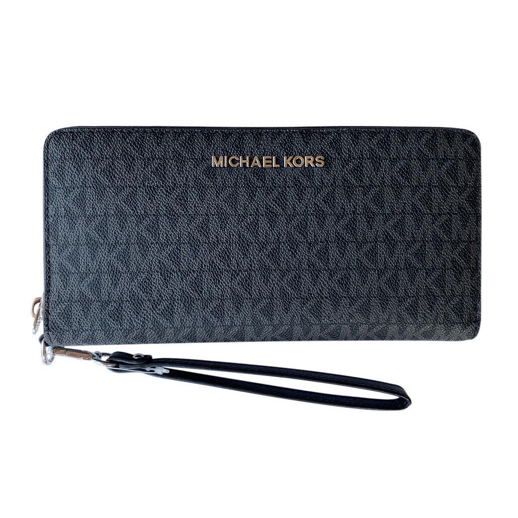 Michael Kors Jet Set Travel Continental Long Wallet Wristlet Brown Vanilla Black Black