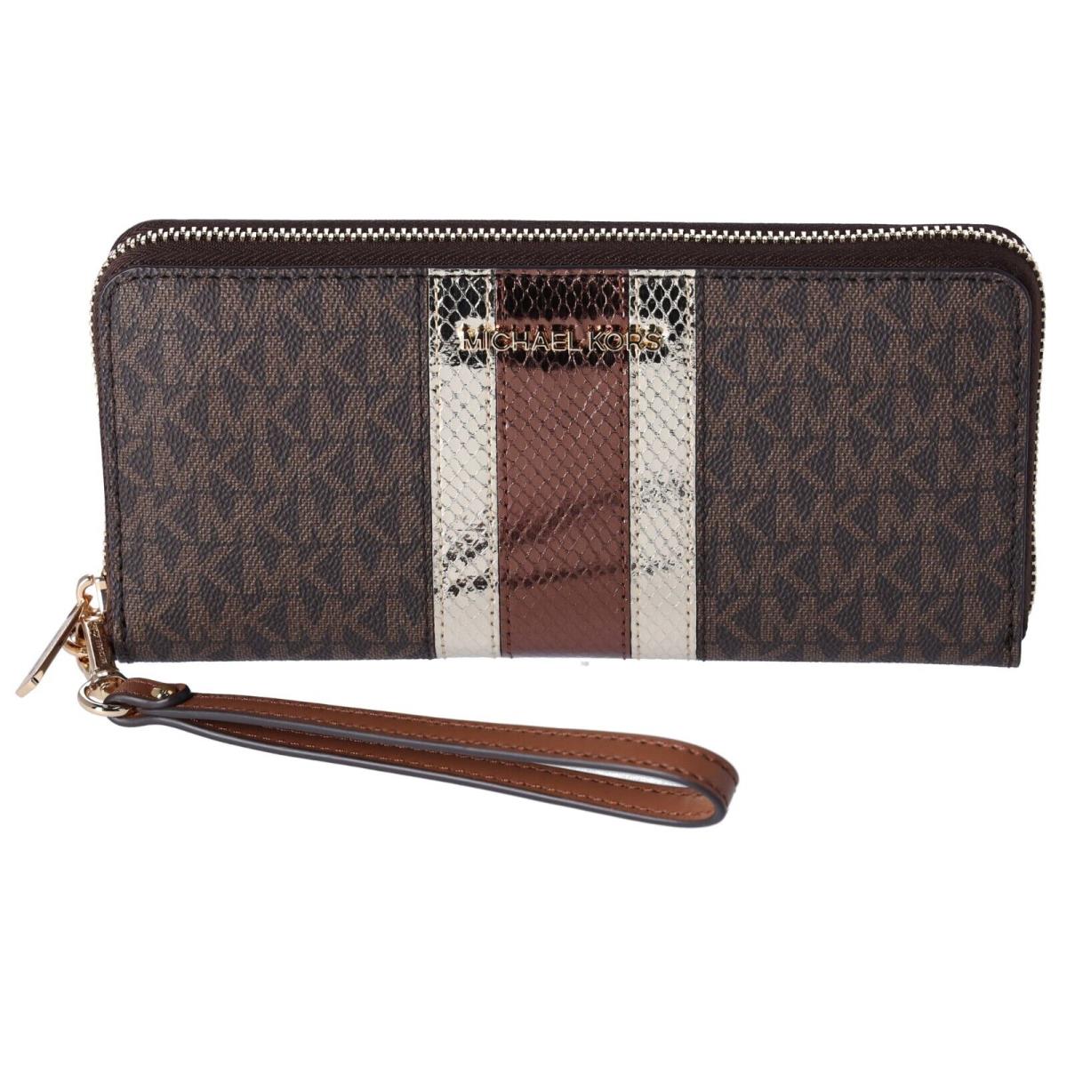 Michael Kors Jet Set Travel Continental Long Wallet Wristlet Brown Vanilla Black Brown MK Metallic