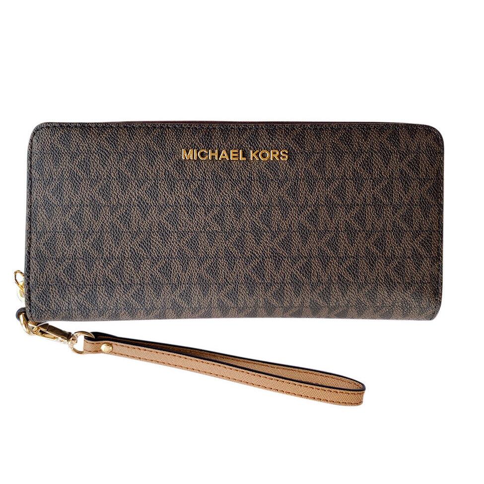 Michael Kors Jet Set Travel Continental Long Wallet Wristlet Brown Vanilla Black Brown