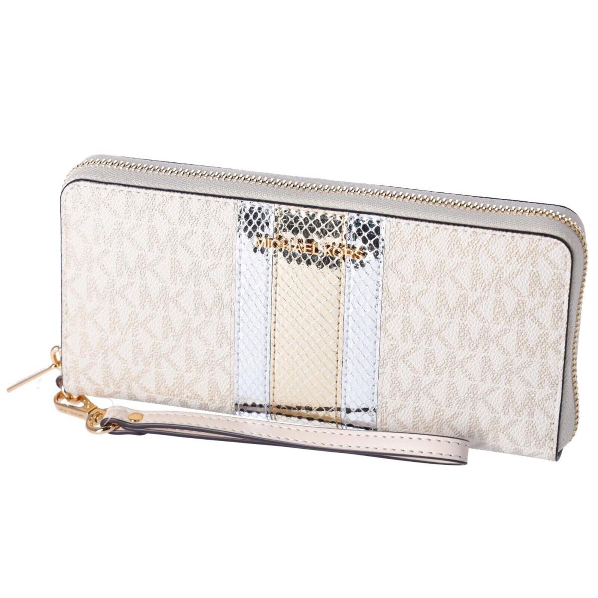 Michael Kors Jet Set Travel Continental Long Wallet Wristlet Brown Vanilla Black Pale Gold MK Metallic