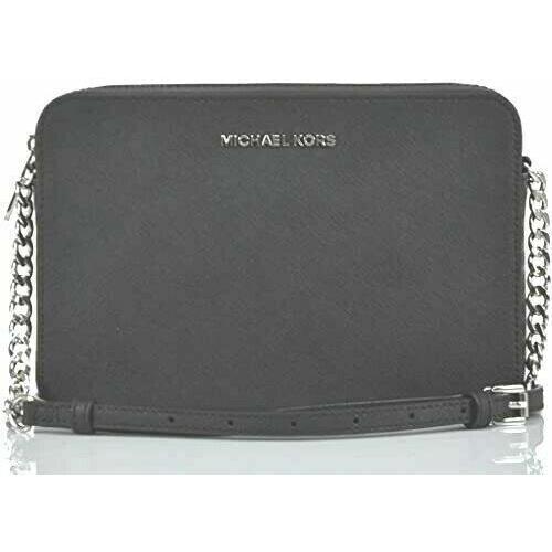 Michael Kors Lady Leather or Pvc Crossbody Handbag Purse Bag Messenger Shoulder Black/Silver Leather Saffiano